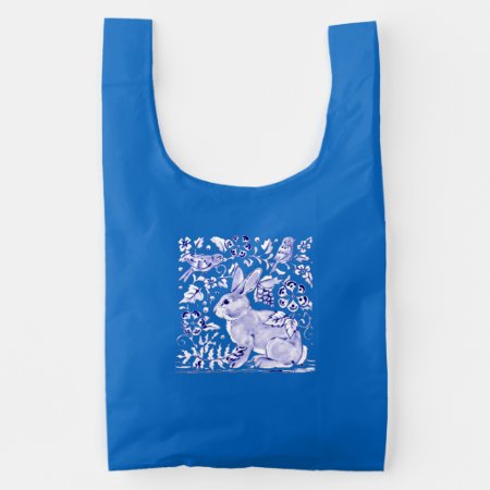 Classic Blue Bunny Rabbit Birds Dedham Delft Reusable Bag