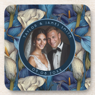 Classic Blue Calla Lilies Petal Botanical Wedding Beverage Coaster