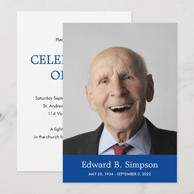 Classic Blue Celebration Of Life With Photo Invitation (Front/Back)
