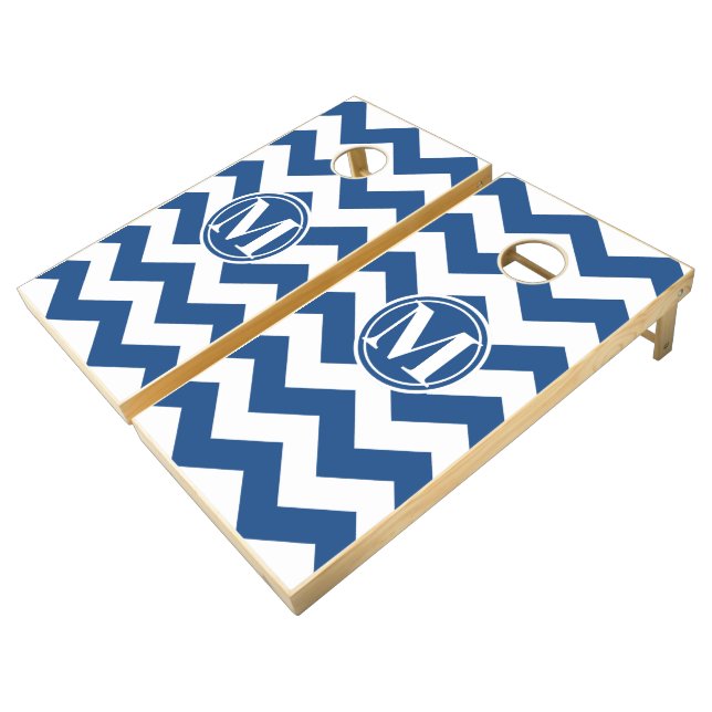 Classic Blue Chevron Monogrammed Cornhole Set (Angled)