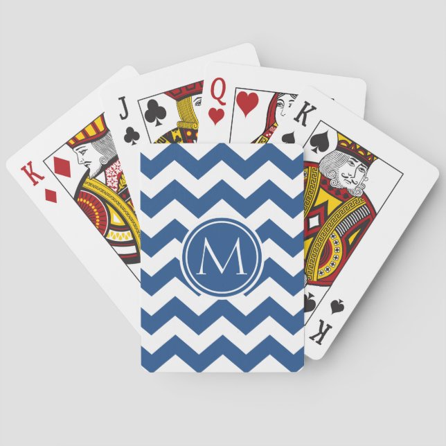 Classic Blue Chevron Monogrammed Poker Cards (Back)