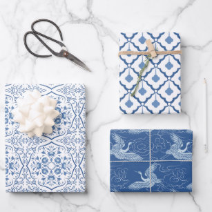 Classic Blue Chinese Ceramic Patterns Wrapping Paper Sheets