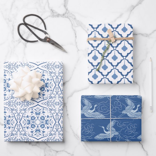 Classic Blue Chinese Ceramic Patterns Wrapping Paper Sheets (Front)