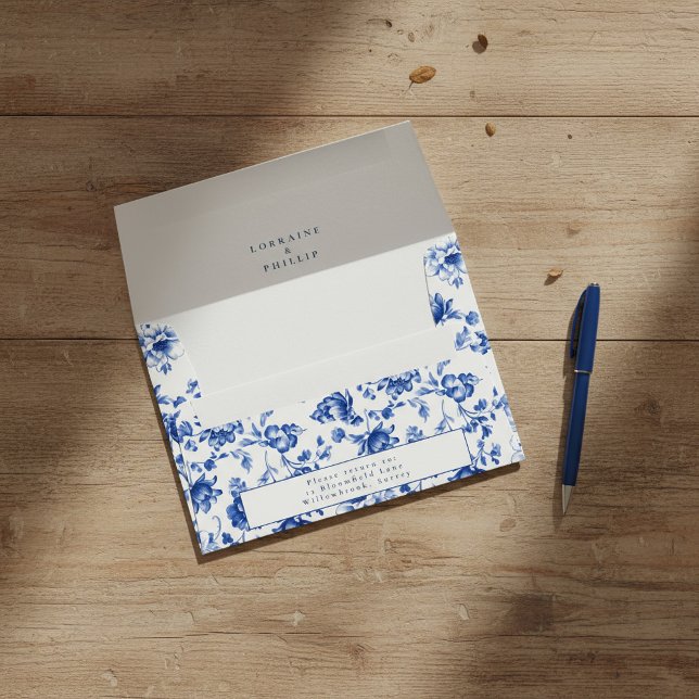 Classic Blue Chinoiserie Floral return address Envelope (Classic Blue Chinoiserie Floral return address Envelope.)