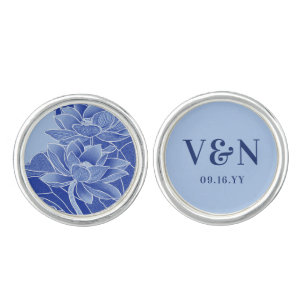 Classic Blue Chinoiserie Monograms Wedding Cufflinks