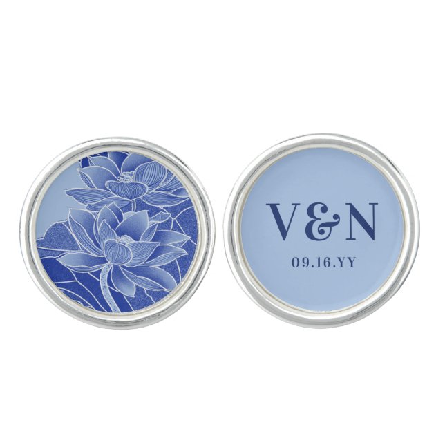 Classic Blue Chinoiserie Monograms Wedding  Cufflinks (Front)