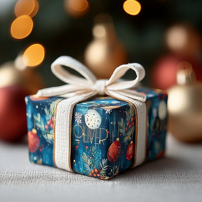 Classic Blue Christmas Ornaments & Holly Pattern Wrapping Paper (Creator Uploaded)