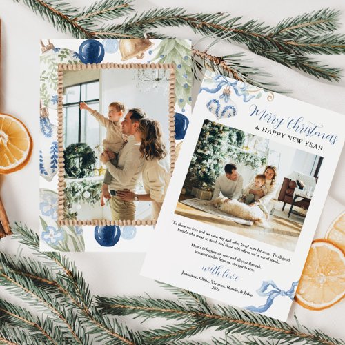 Classic Blue Christmas Watercolor Family Photo Holiday Card