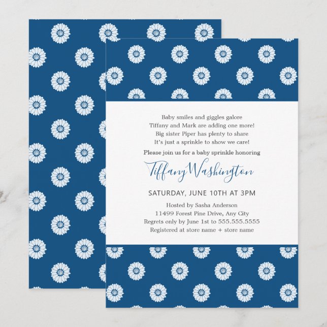 Classic Blue Daisy neutral gender baby sprinkle Invitation (Front/Back)