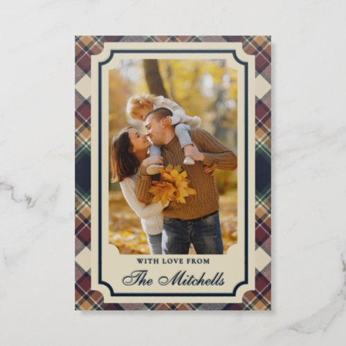 Classic Blue Dark Green Red Plaid Pattern Holiday Letterpress Photo Cards