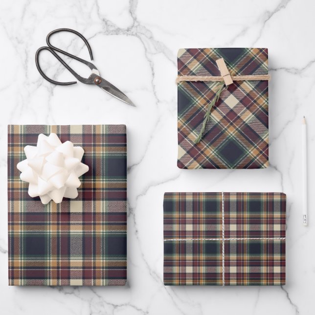 Classic Blue Dark Green Red Plaid Wrapping Paper (Front)