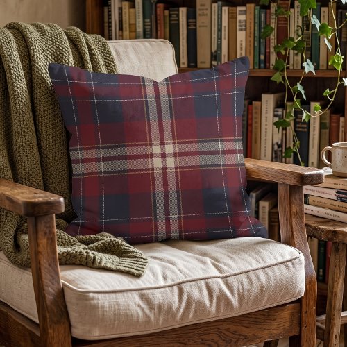 Classic Blue Dark Red Ivory Cream Plaid Pattern Throw Pillow