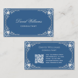 Classic Blue Elegant Vintage Ornate Frame QR Code Business Card