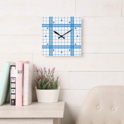Classic Blue Farmhouse Plaid Pattern On White Square Wall Clock