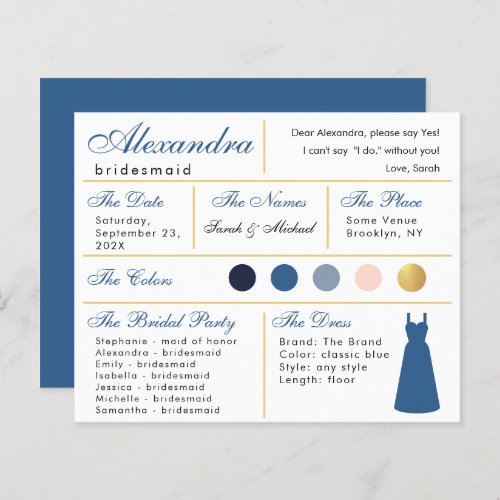 Classic Blue Faux Gold Bridesmaid Information Card