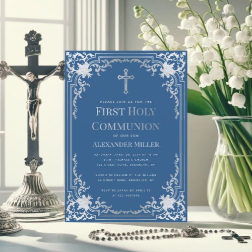Classic Blue Faux Silver Cross Boy First Communion Invitation