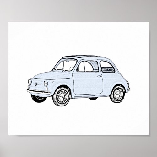 Classic Blue Fiat 500 Pencil Style Rendering Poster