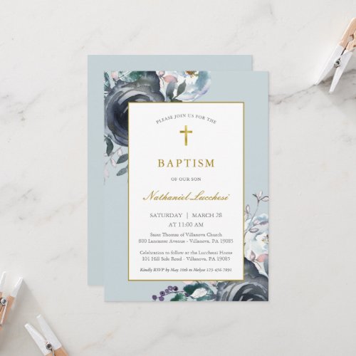 Classic Blue Floral and Gold Foil Baptism Invitation