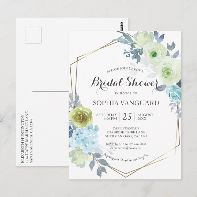 Classic Blue Floral Bridal Shower Invitation  Postcard (Front/Back)
