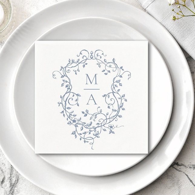 Classic Blue Floral Crest Monogram Wedding Napkins (Creator Uploaded)