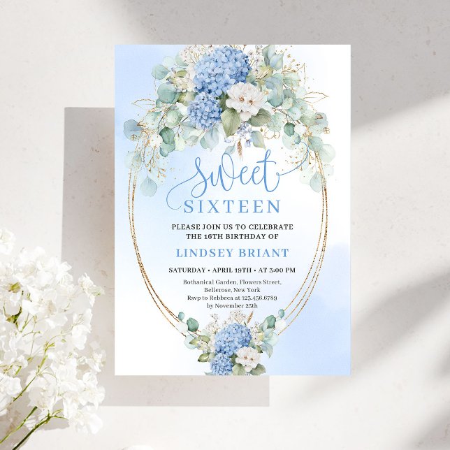 Classic Blue Floral Eucalyptus Sweet 16 Invitation (Classic Blue Floral Eucalyptus Sweet 16 Invitation)