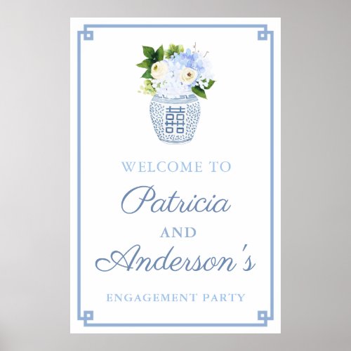 Classic Blue Floral Ginger Jar Engagement Party Poster