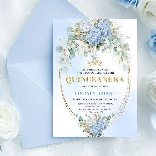 Classic Blue Floral Greenery Quinceañera Invite