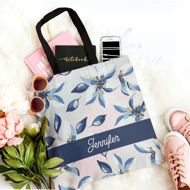Classic Blue Floral Pattern Trendy  Tote Bag (Creator Uploaded)