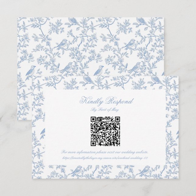 Classic Blue Floral Toile QR code RSVP Card (Front/Back)