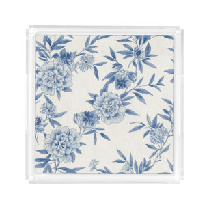 Classic Blue Floral Toile Watercolor Pattern White Acrylic Tray