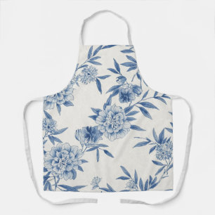 Classic Blue Floral Toile Watercolor Pattern White Apron