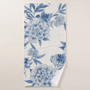 Classic Blue Floral Toile Watercolor Pattern White Bath Towel