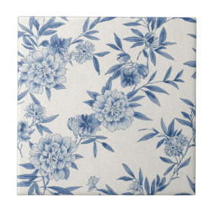 Classic Blue Floral Toile Watercolor Pattern White Ceramic Tile