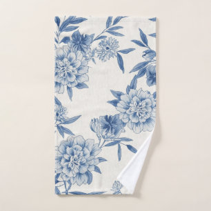 Classic Blue Floral Toile Watercolor Pattern White Hand Towel