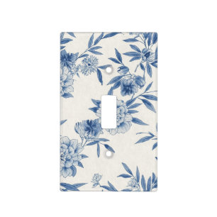 Classic Blue Floral Toile Watercolor Pattern White Light Switch Cover