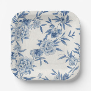 Classic Blue Floral Toile Watercolor Pattern White Paper Plates