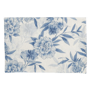 Classic Blue Floral Toile Watercolor Pattern White Pillow Case