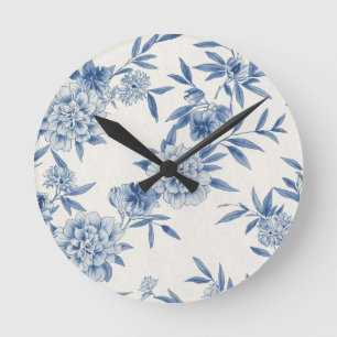 Classic Blue Floral Toile Watercolor Pattern White Round Clock