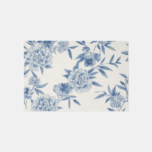 Classic Blue Floral Toile Watercolor Pattern White Rug