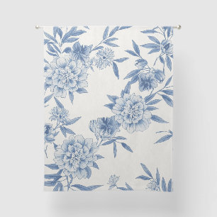 Classic Blue Floral Toile Watercolor Pattern White Sheer Curtains