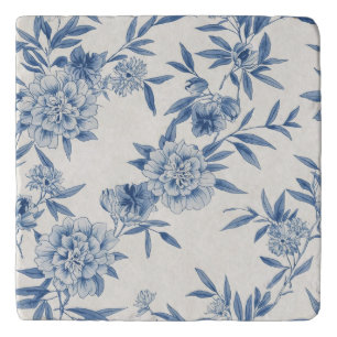 Classic Blue Floral Toile Watercolor Pattern White Trivet