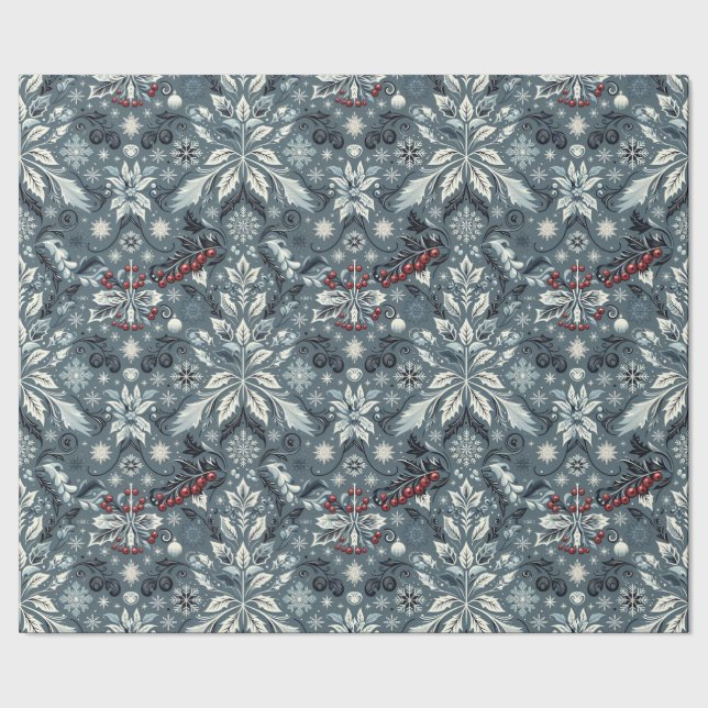 Classic Blue Floral Trimming Christmas  Wrapping Paper (Seam)