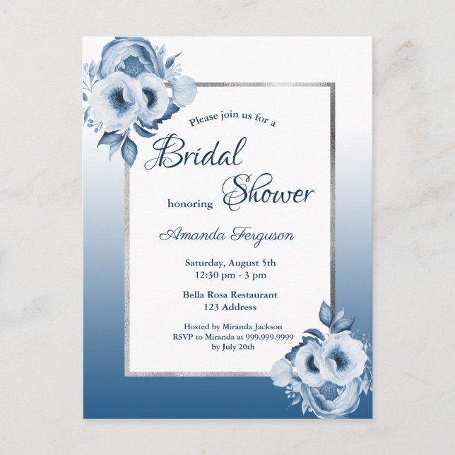 Classic blue florals bridal shower invitation postcard (Front)