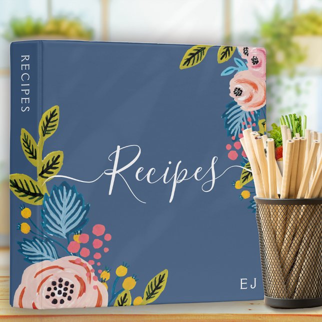 Classic Blue Florals Girly Monogram Recipe 3 Ring Binder (Creator Uploaded)