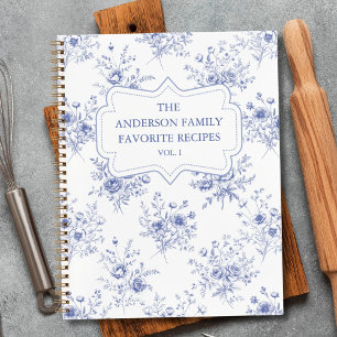 Classic Blue Flowers Floral Pattern Family Recipe Notebook