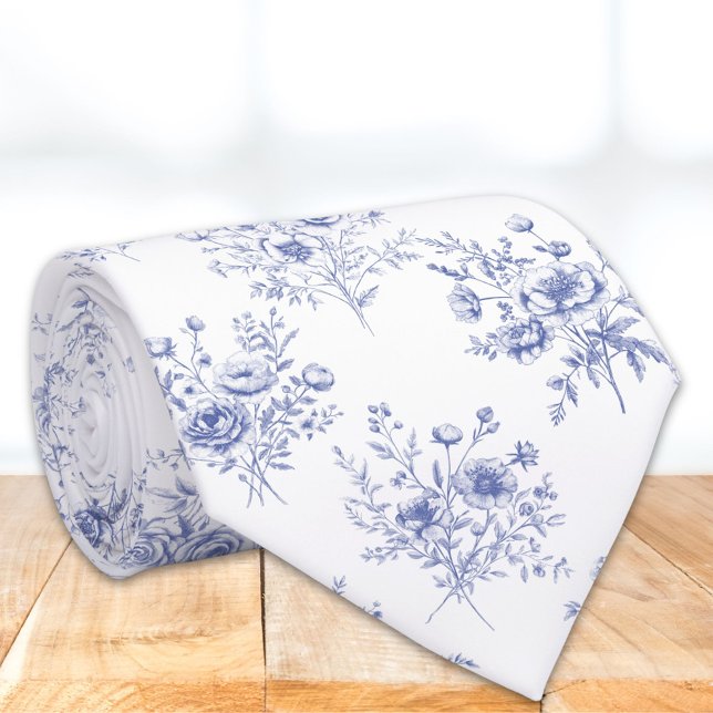 Classic Blue Flowers Pattern French blue toile Neck Tie (Close up)