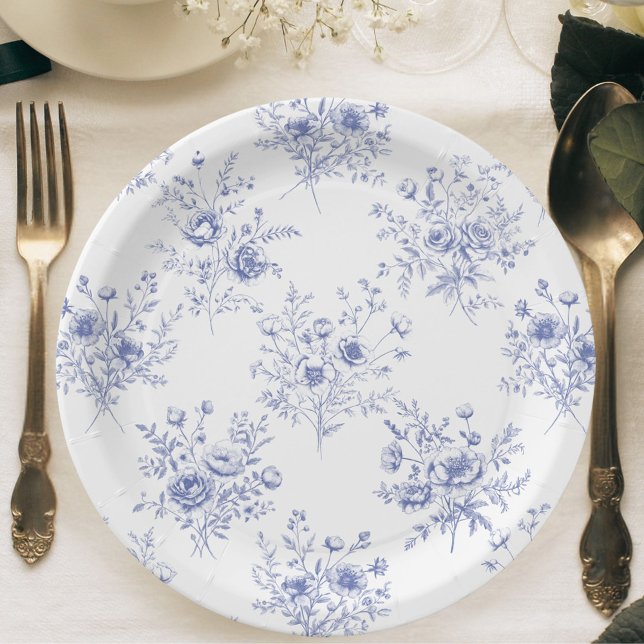 Classic Blue Flowers Pattern French blue toile Paper Plates (In situ)
