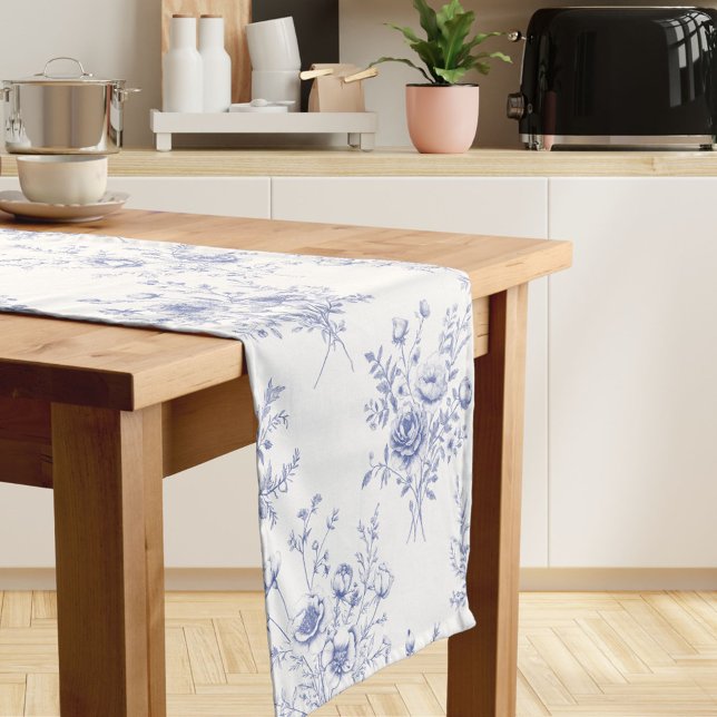 Classic Blue Flowers Pattern French blue toile Short Table Runner (In situ)