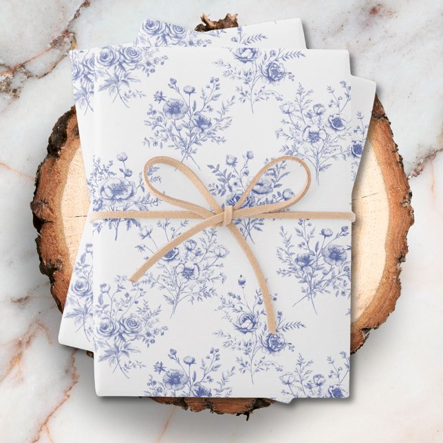 Classic Blue Flowers Pattern French blue toile Wrapping Paper Sheets (Close up)