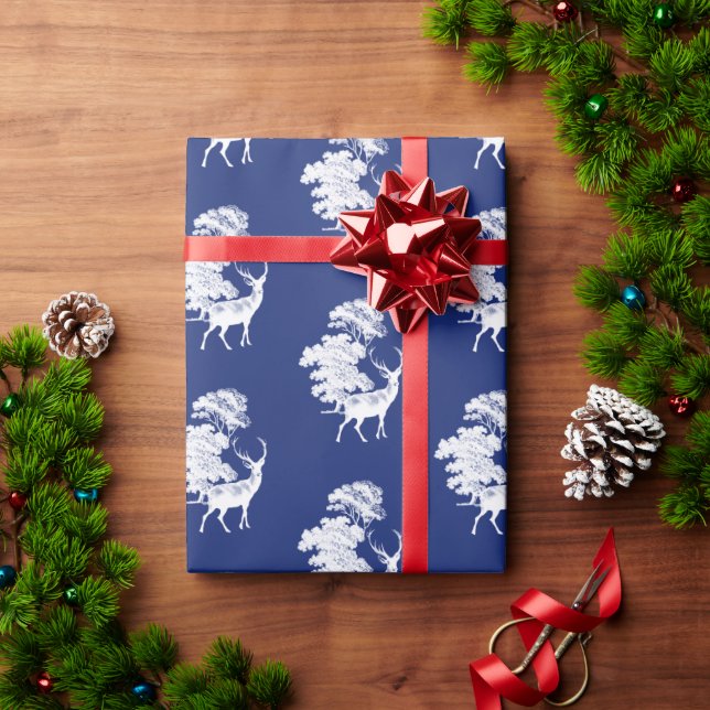 Classic Blue French Countryside Toile Deer Forest Wrapping Paper (Holiday Gift)